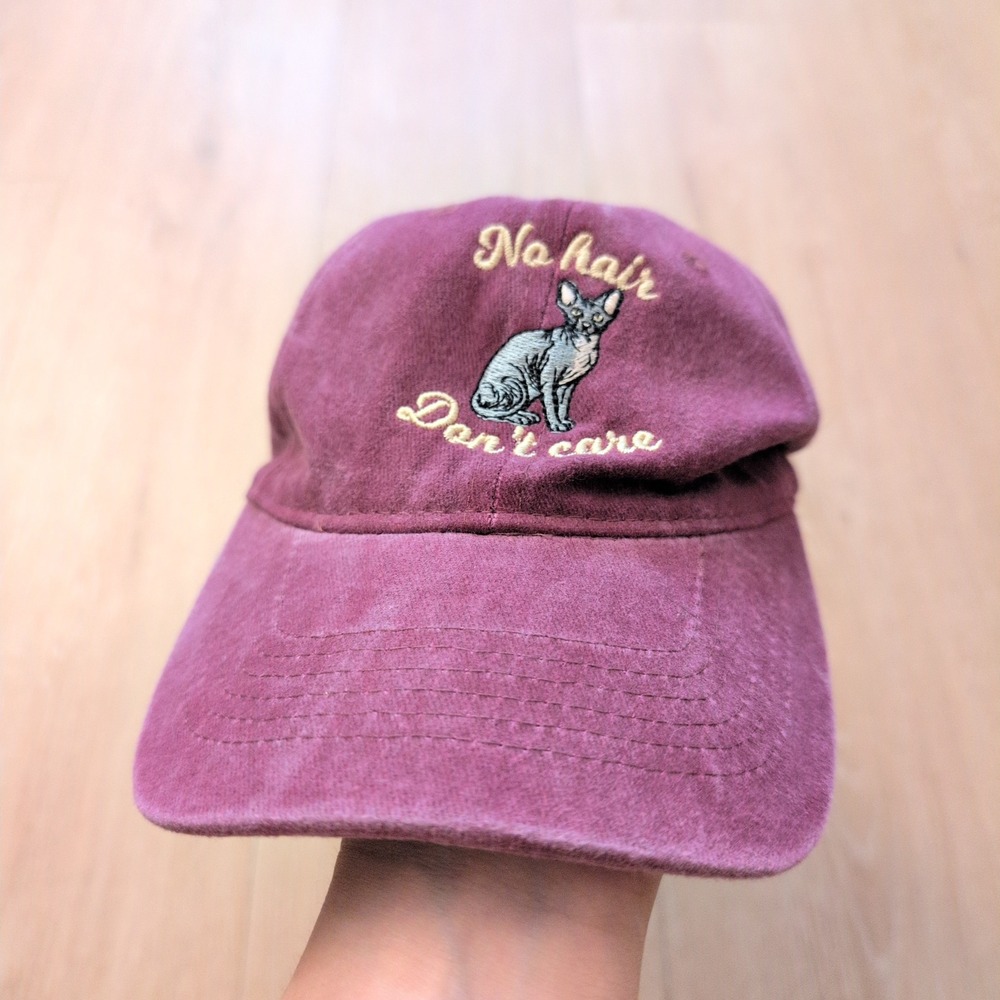 Sphynx Cat No Hair Don't Care Embroidered Dad Hat Maroon Burgundy Cotton Cap